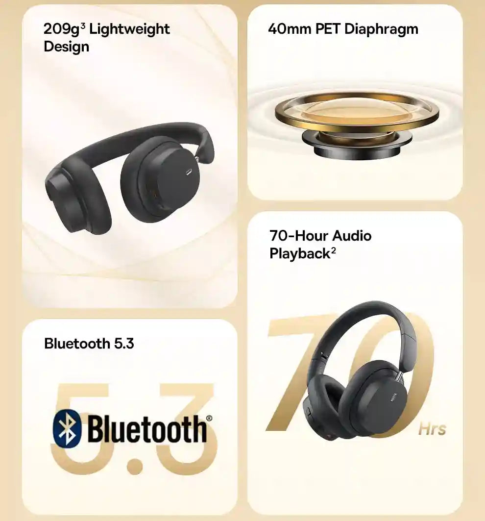 Wireless Over-Ear Headphones with 70H Playtime and Spatial Audio - Gray Tidesmit