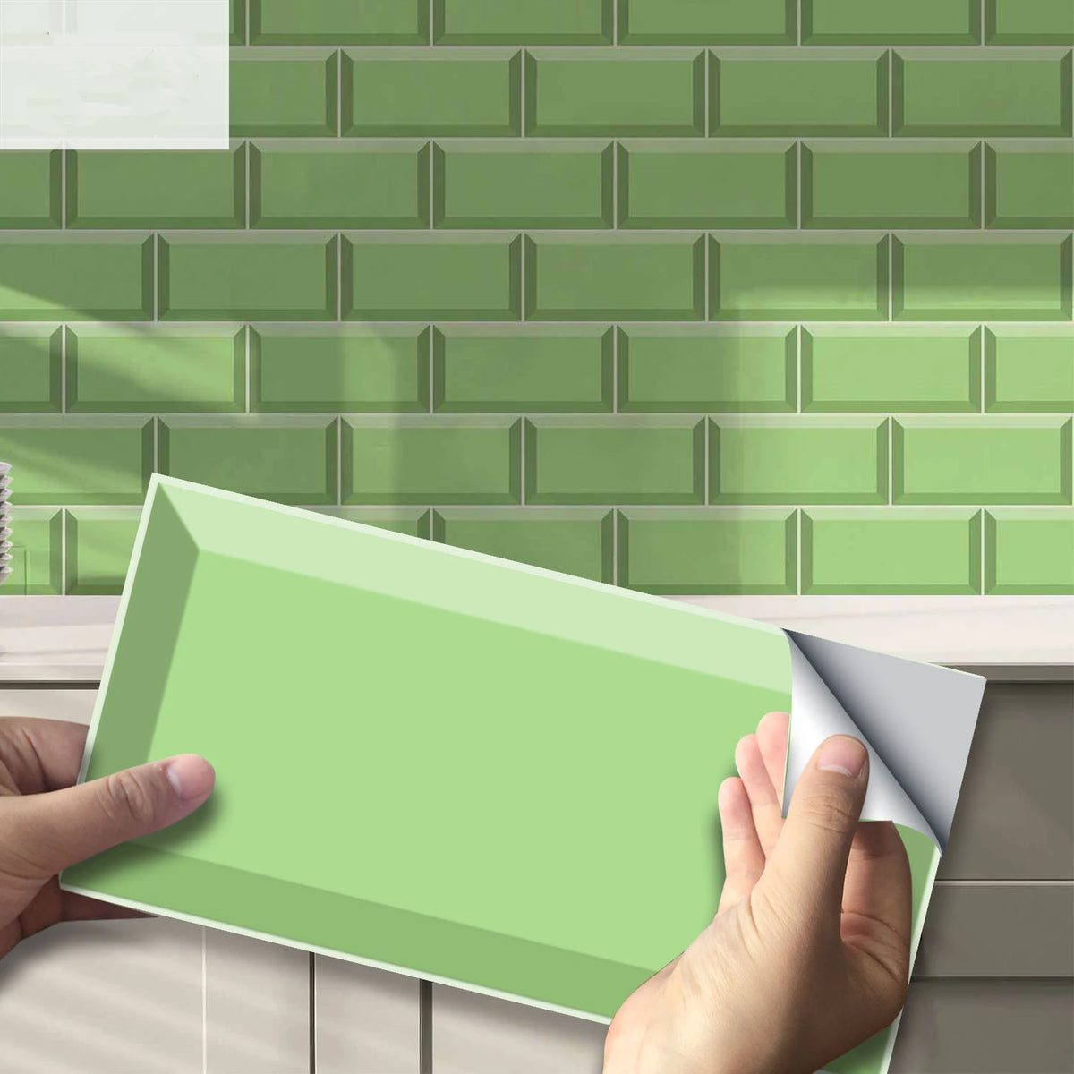 Peel-and-stick brick tile wall stickers, light green sheet with peel backing