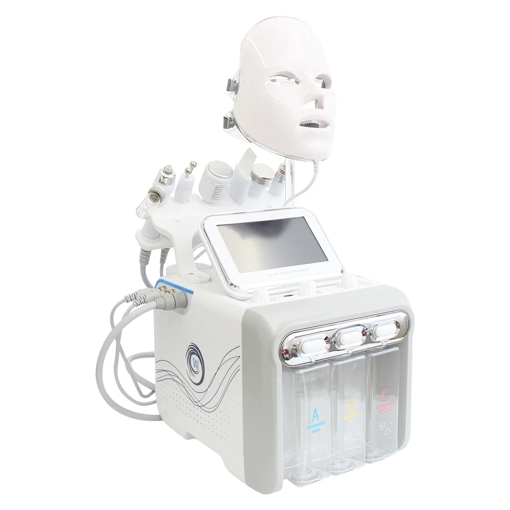 AOKO 7-in-1 white hydro dermabrasion facial machine with LED mask, touch screen, and liquid canisters for spa skin care.
