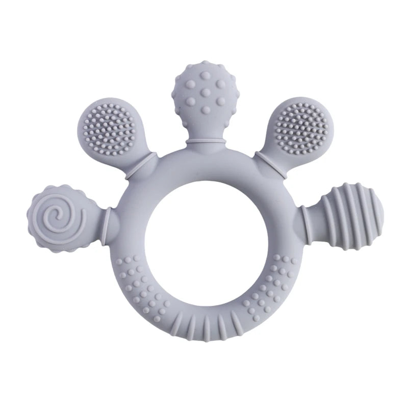 Grey silicone teething ring toy for baby teething relief.