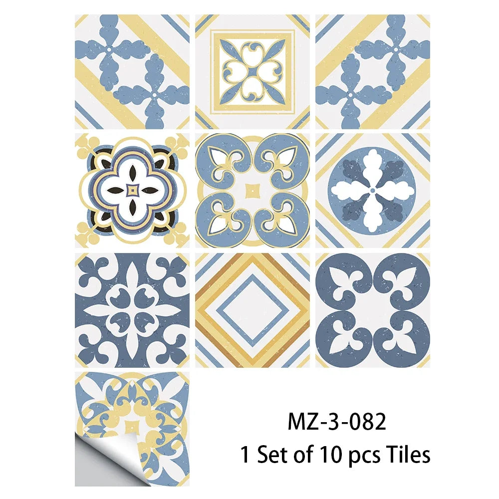 Blue and yellow floral floor sticker tiles set with decorative medallion motifs.