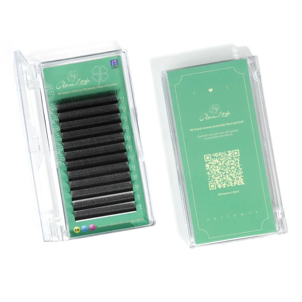 4D black premade eyelash extension fans in a clear plastic case with labeled lengths from 9mm to 13mm.
