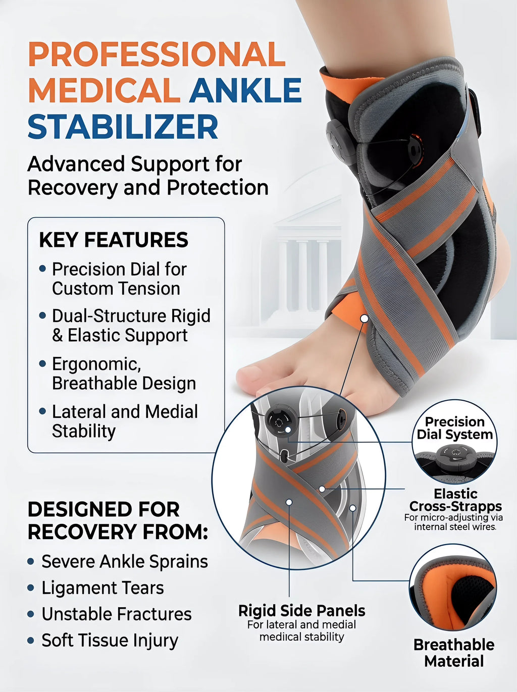 Unisex Ankle Orthosi Bracket Elastane Foot Stabilizer with Protective Rotary Ankle Strap for Injury Recovery Ankle Brace Support
