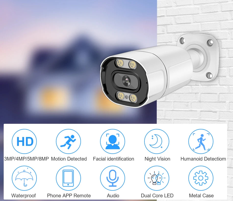 Smar 8MP/5MP/4MP/3MP Outdoor POE IP Camera Support AI Face Detection Bulilt-in Microphone Outdoor Waterproof Metal Home Security