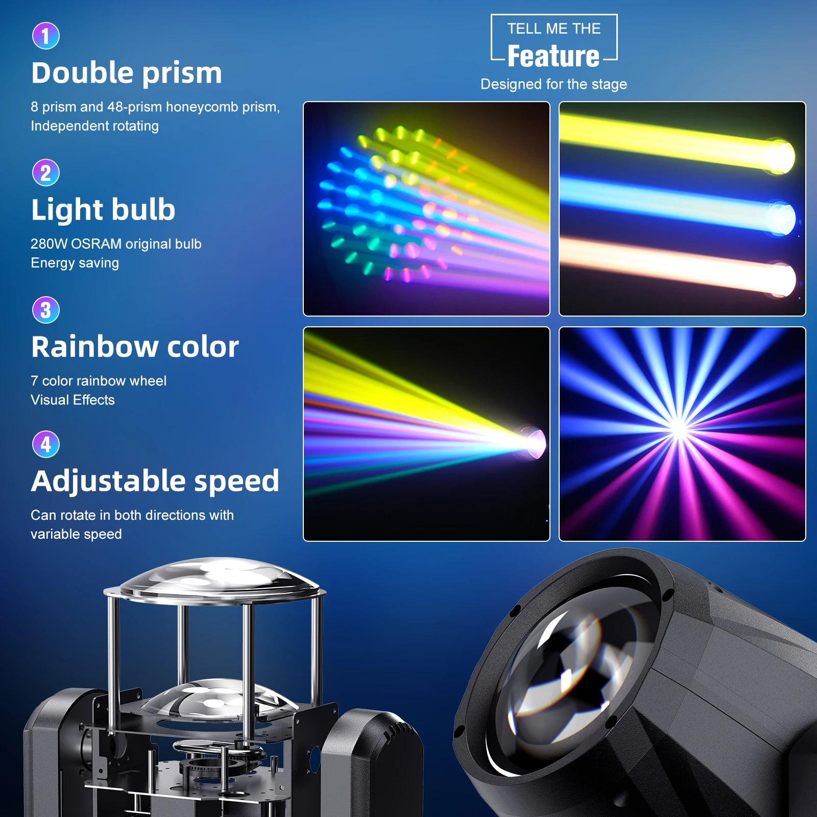 U'King 280W 10R Beam Moving Head Light DMX512 Rainbow Effect Strobe Stage Light 14 Colors 14 Gobos 2 Prisms for DJ Party Disco