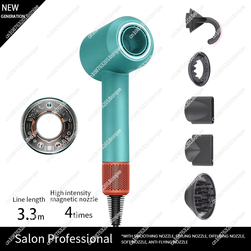 Teal ionic hair dryer with high-intensity nozzle and multiple styling attachments