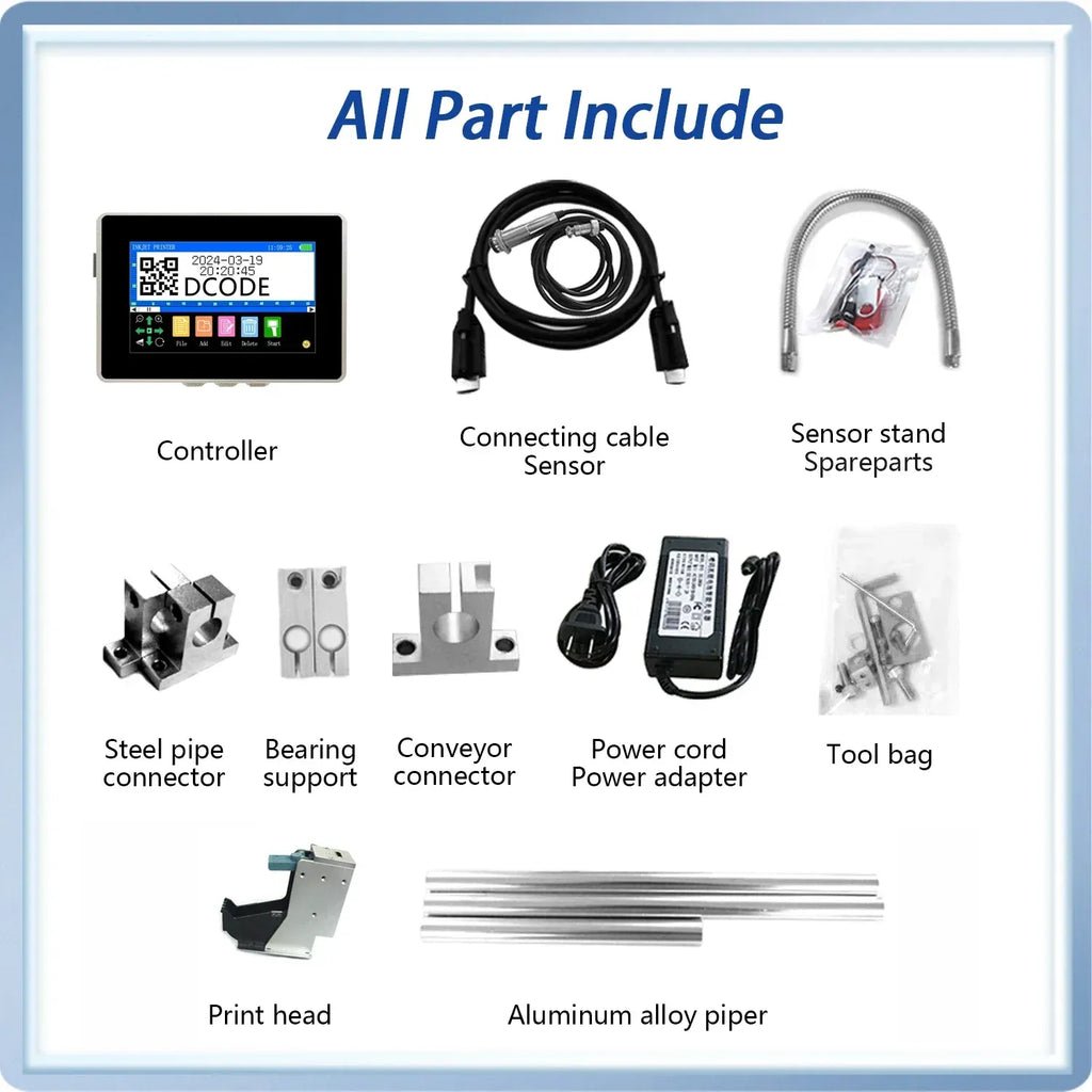 Industrial inkjet printer parts kit with controller, cables, sensor stand, power adapter, tools
