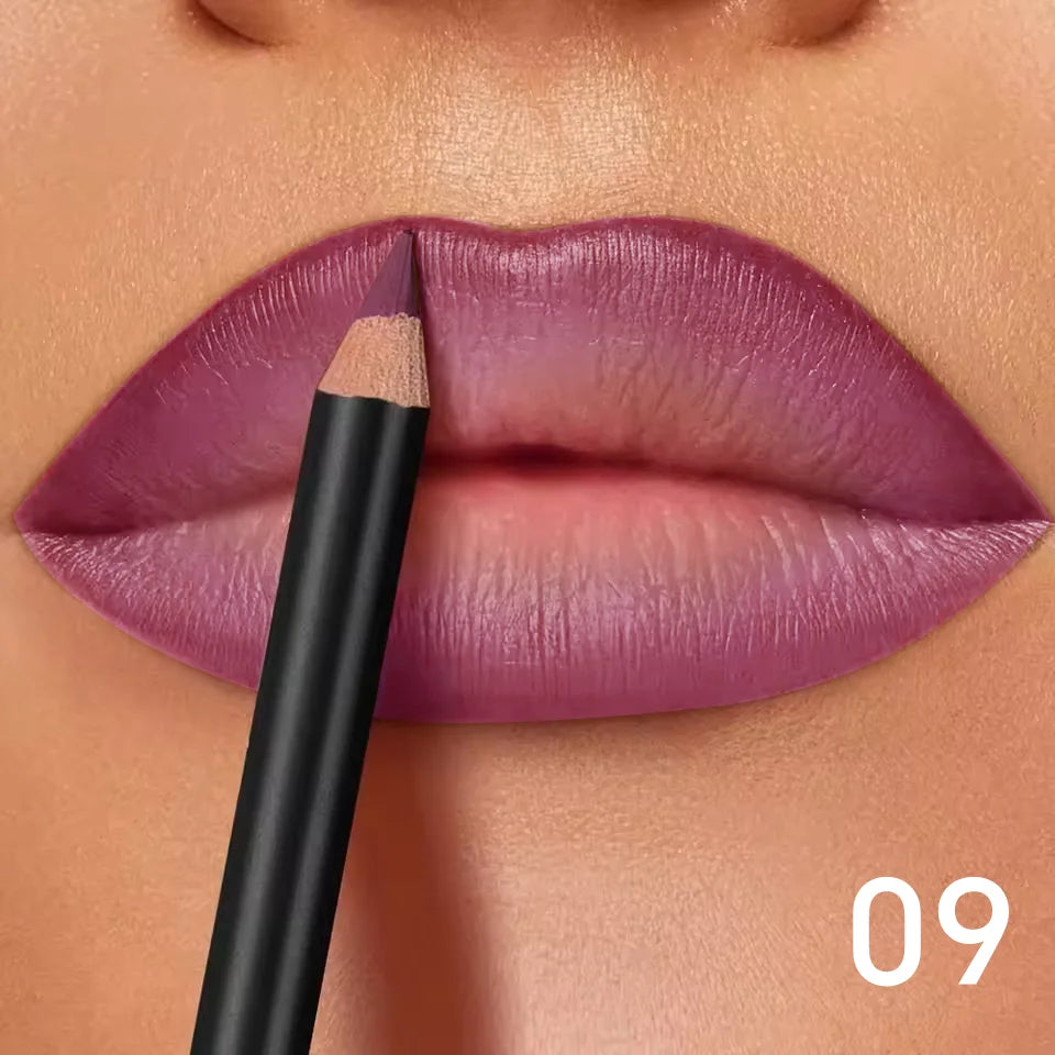 Long-lasting waterproof matte lip liner pencil applying a vibrant mauve-pink shade to define lips for a smooth finish.
