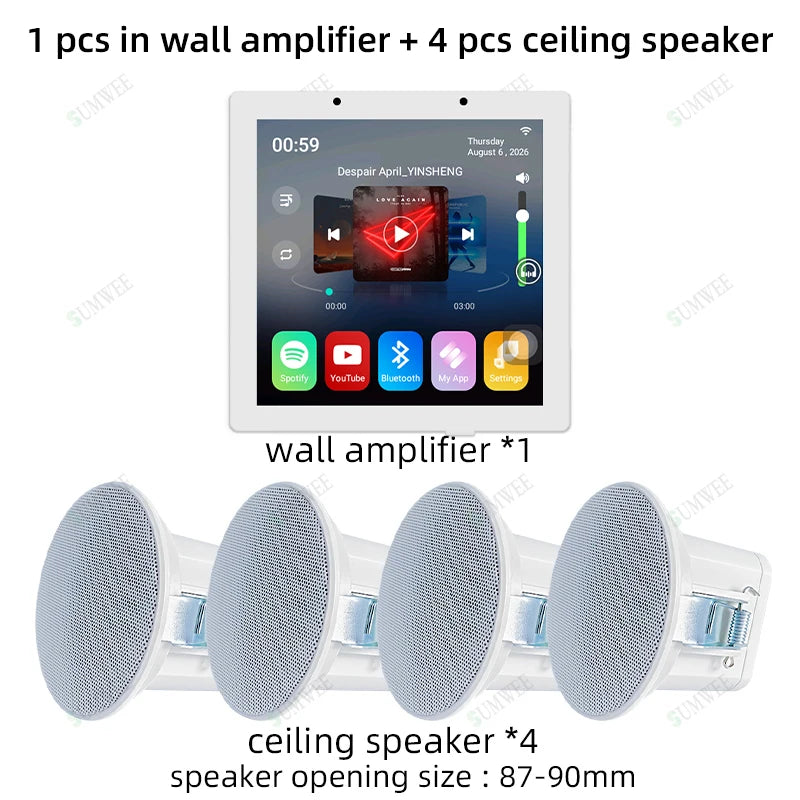 TUYA Smart Home Audio In Wall Amplifier WiFi Bluetooth Music Sound Control Panel Touch Screen Android 11 System Ceiling Speaker