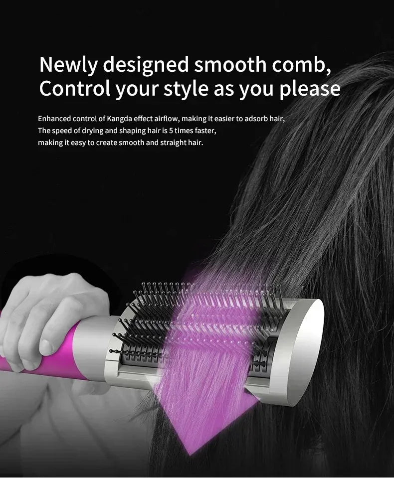 SenCiciMen 6-in-1 pink hot air brush styling hair with smoothing comb attachment for professional salon-quality results.