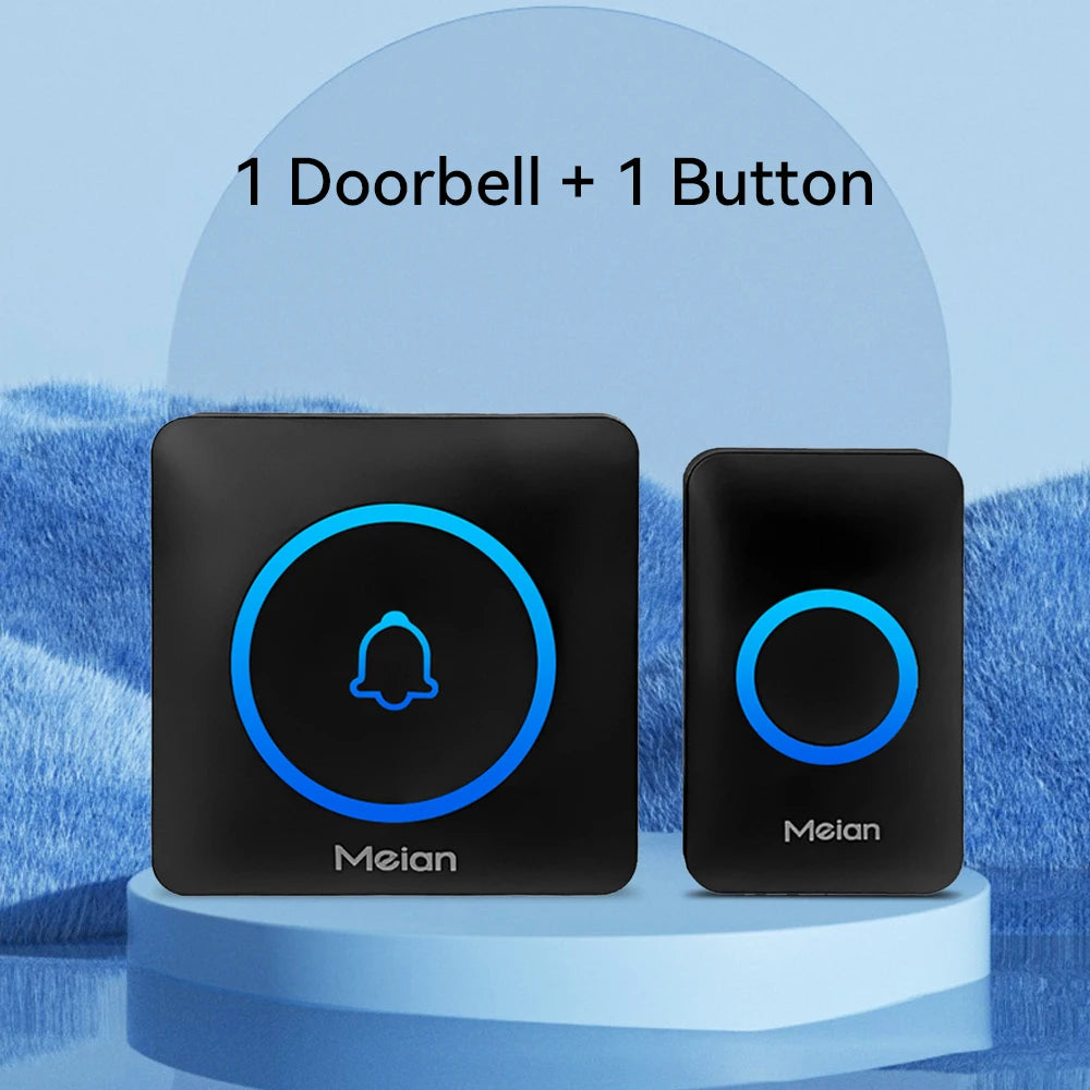 Meian wireless doorbell set, black chime and one door button with blue bell icon ring