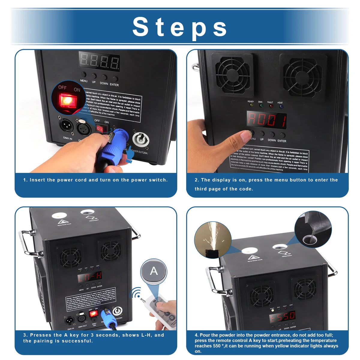 Cold sparks machine control panel steps showing power switch and keypad operation