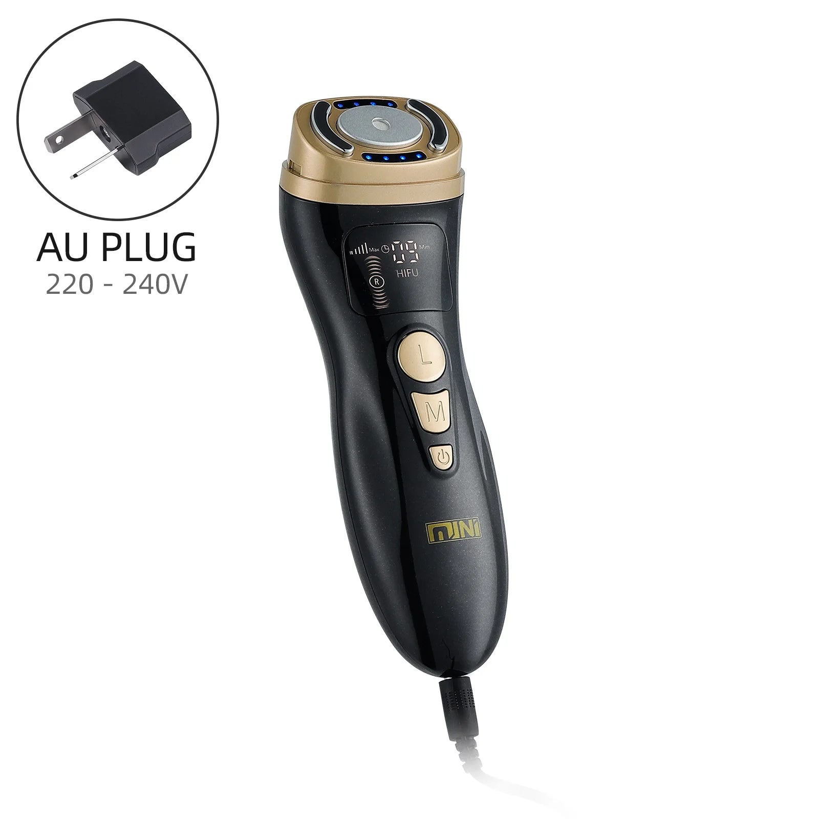 Black and gold handheld HIFU facial massager with a digital display, buttons, and an included AU power adapter.