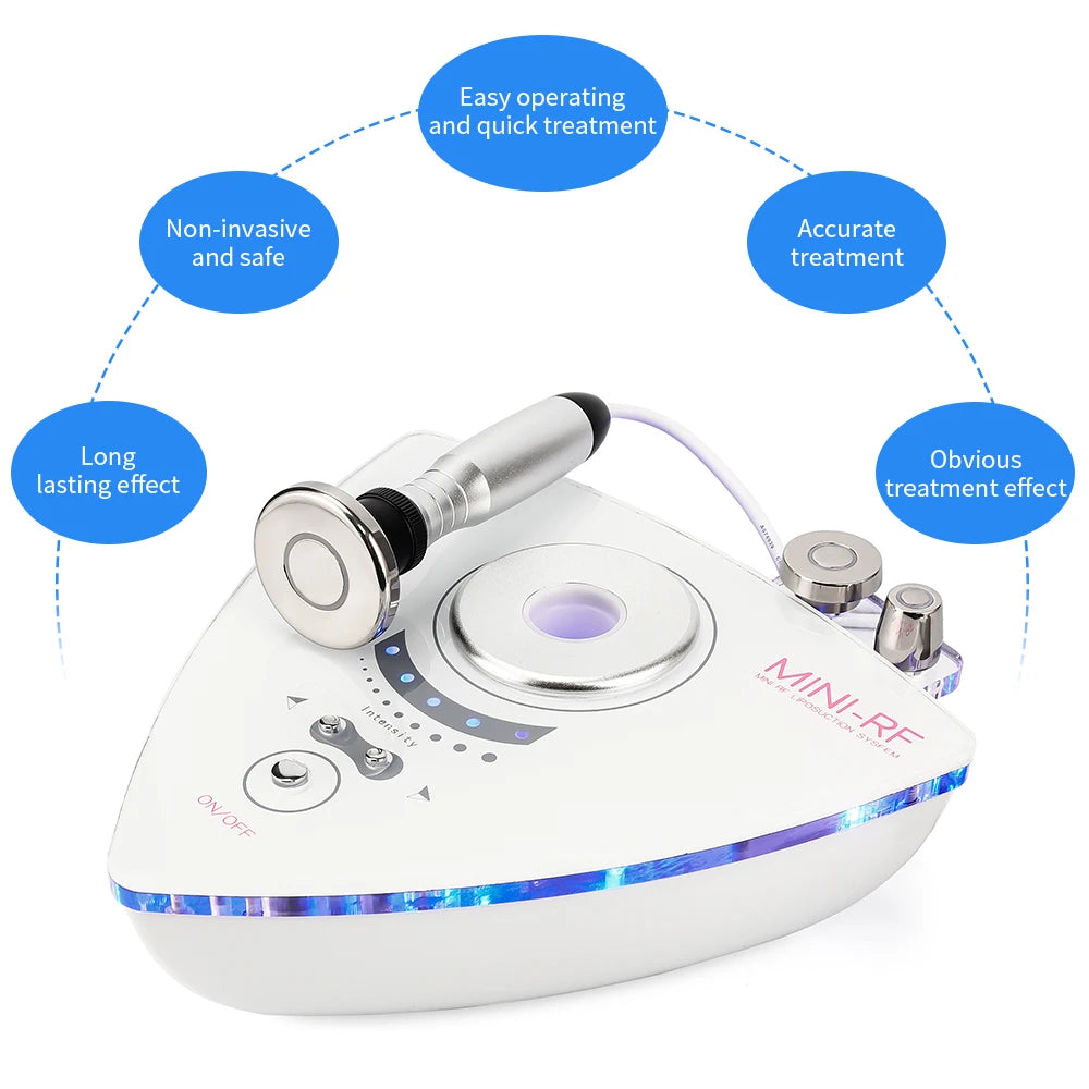 White triangular 3-in-1 RF facial and body lifting device with a metal handpiece and blue LED base trim.