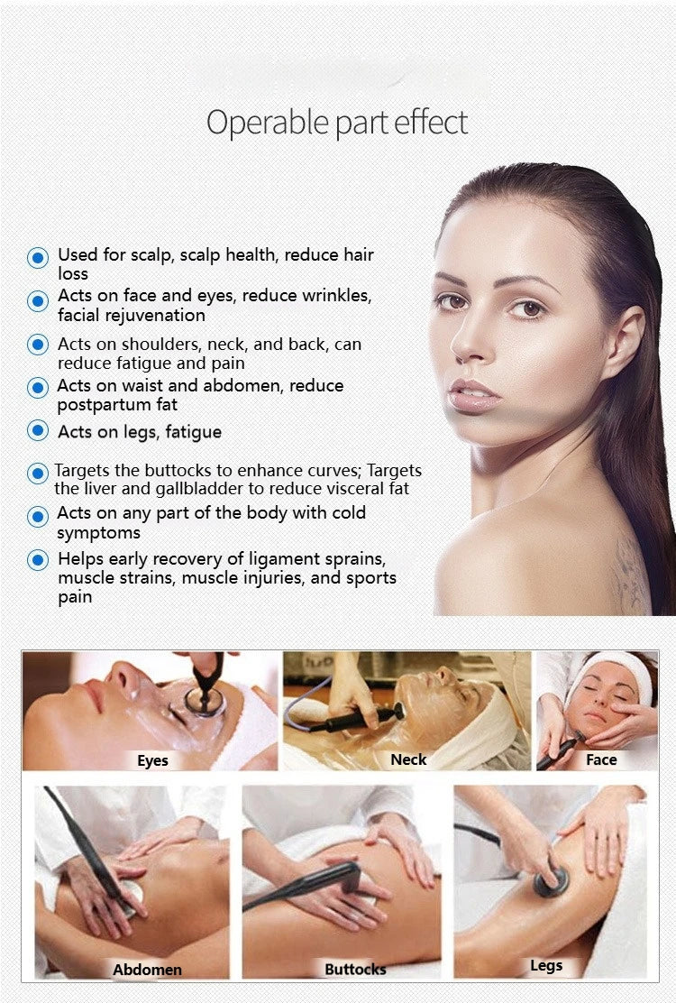 Therapy device with a handheld black probe used to treat face, scalp, and body areas for pain, skin, and fat reduction.