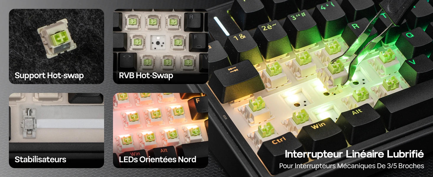 ISO-FR Layout AULA F75 75% AZERTY French Layout Wired/Bluetooth/2.4G Wireless Mechanical Gaming Keyboard RGB Backlighting 4000mAh Battery For Win/Mac