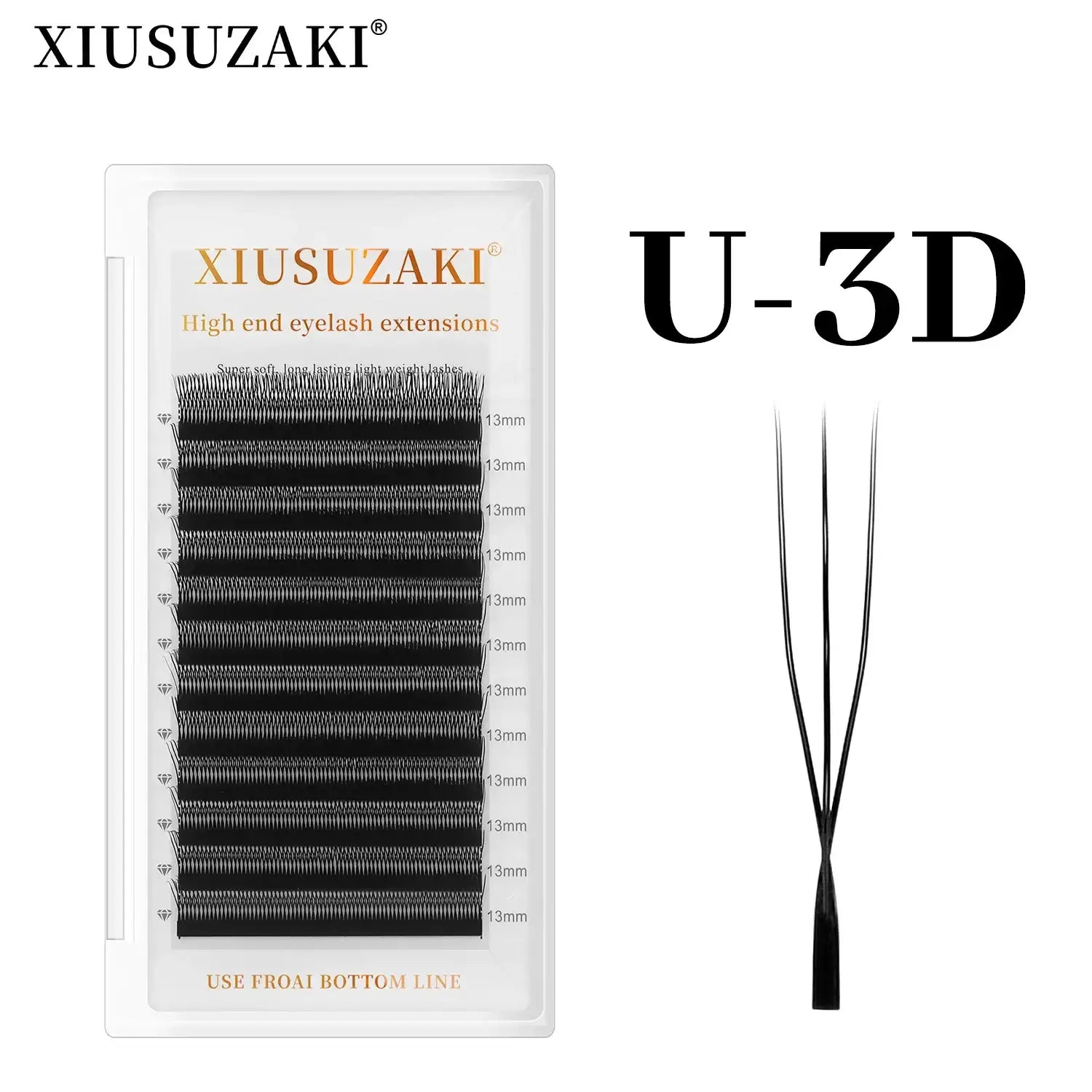 Black 3D eyelash extension tray with 13mm synthetic lash strips for professional cosmetic application.