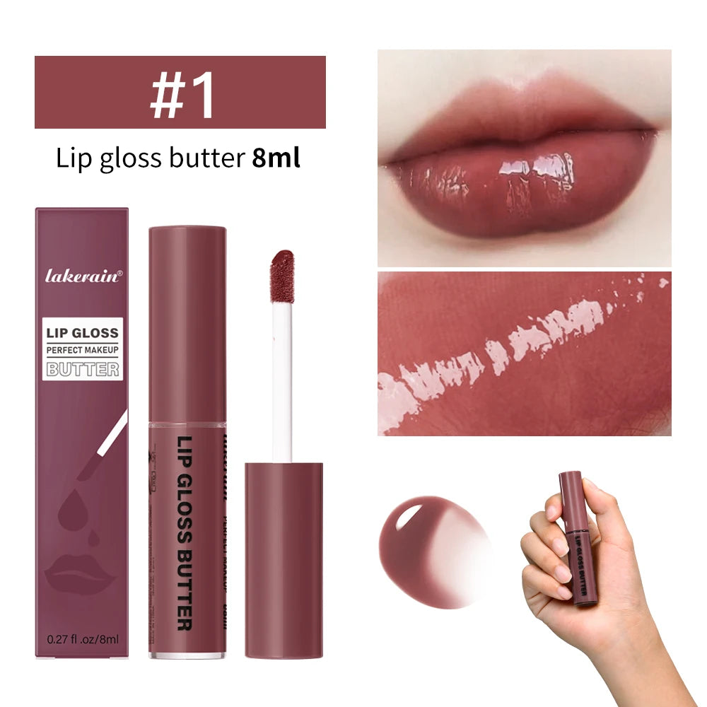 Lakerain butter lip gloss in shade #1, a moisturizing, non-stick mirror-finish lip glaze with lasting mauve pigment.