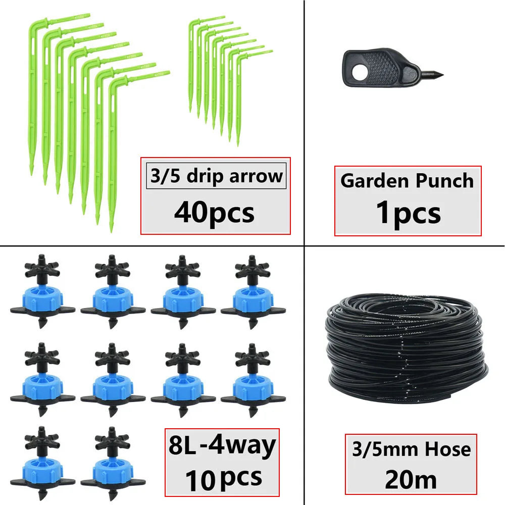 Greenhouse Potted Curved Arrow Dropper Micro Drip System 2L4L8L Pressure Compensation Dripper 3/5mm 2/4-way Irrigation Kit