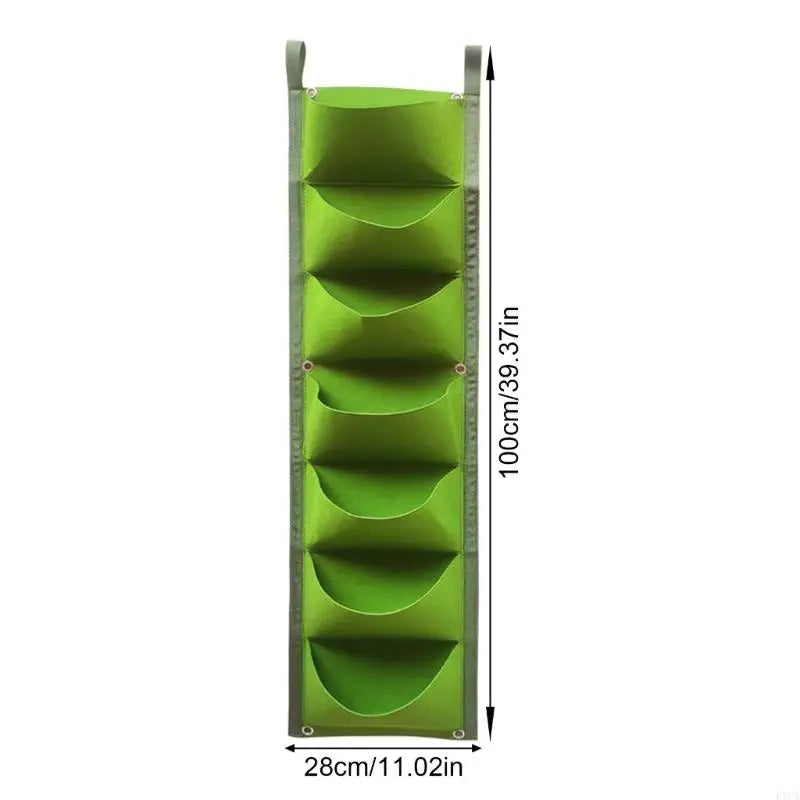Green vertical wall grow bag with 7 pockets; size shown with height and width
