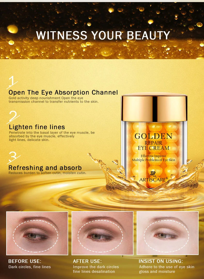 ARTISCARE 24K Gold Repair Eye Cream set with gold-infused moisturizing essence for anti-aging and dark circle reduction.