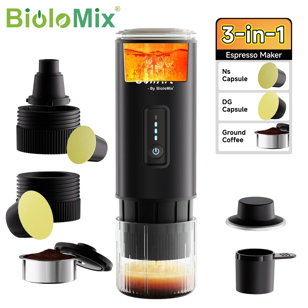 BioloMix 3-in-1 portable espresso maker in black, compatible with Ns and DG capsules plus ground coffee.