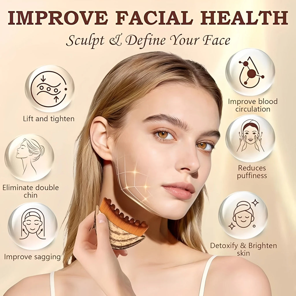 Woman holding a brown, arched lymphatic contour face brush against her jawline, surrounded by skincare benefit icons.