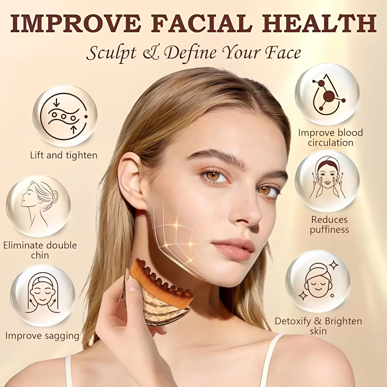Woman holding a brown, arched lymphatic contour face brush against her jawline, surrounded by skincare benefit icons.