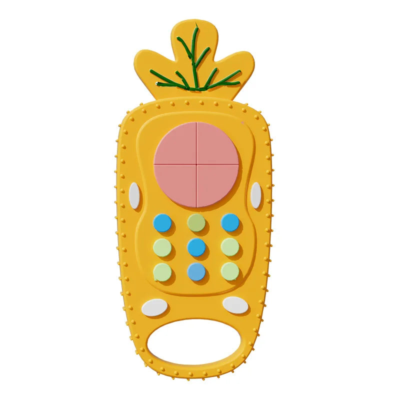 Yellow silicone baby teething toy shaped like a remote to soothe sore gums.