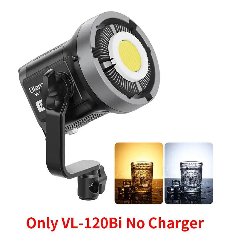 VL-120Bi black circular COB LED video light with adjustable mounting bracket, showing warm and cool lighting examples.