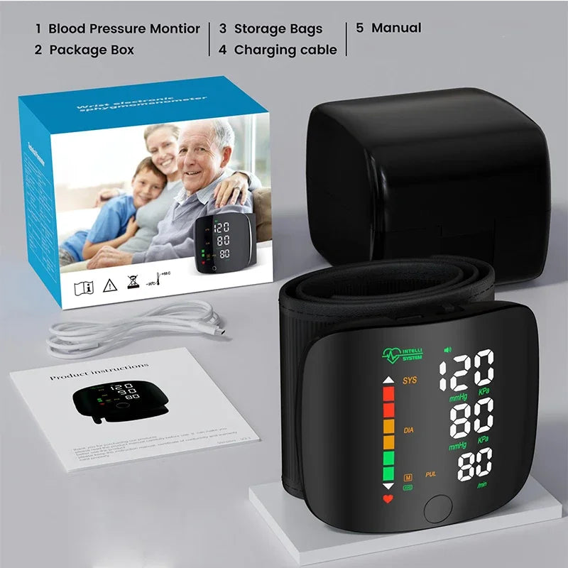 Smart LCD Rechargeable English Voice Wrist Blood Pressure Monitor Digital Automatic BP Tonometer Heart Rate Sphygmomanometer