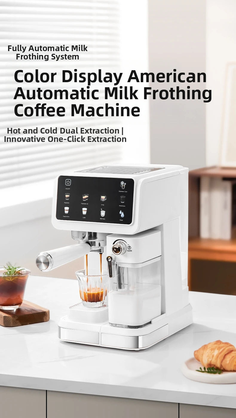 White automatic espresso machine with color touchscreen, milk frother, and hot/cold extraction on kitchen counter.