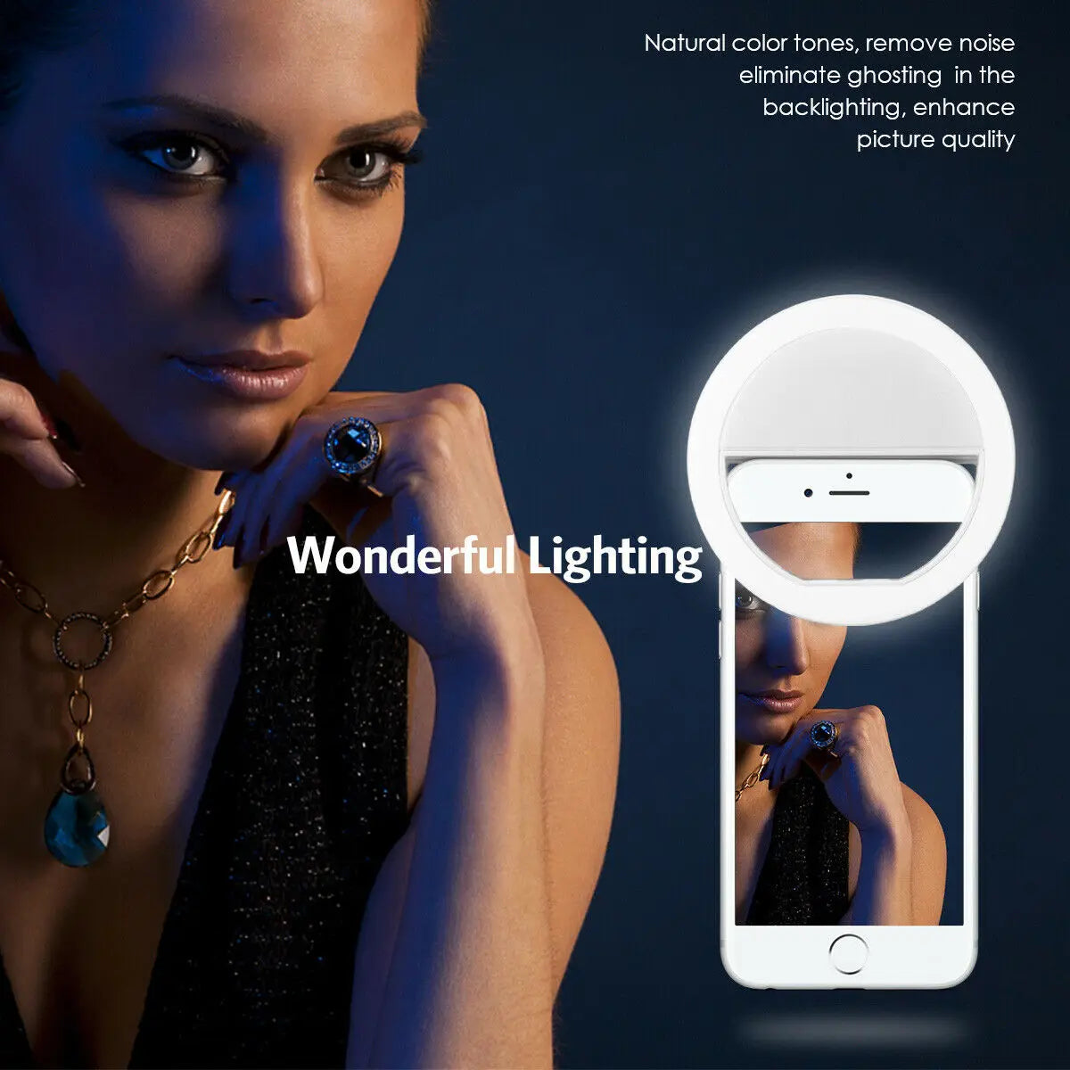 White circular LED ring light clipped to a smartphone for enhanced mobile photography and selfie lighting.
