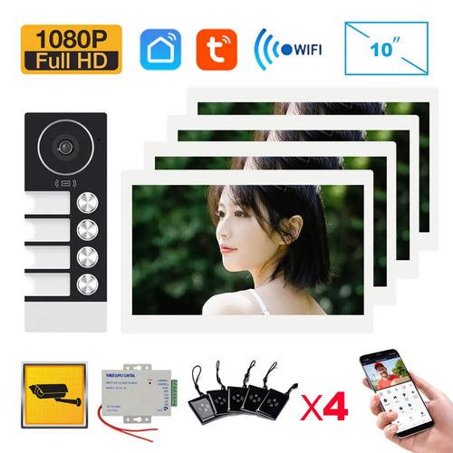 WiFi video doorbell intercom kit with black door camera and multiple 10-inch monitor screens