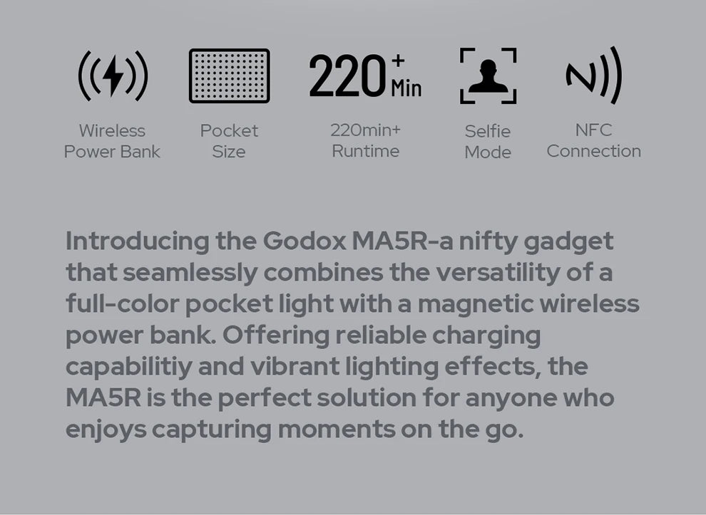 MA5R pocket-sized magnetic wireless power bank and full-color light for mobile charging and photography.