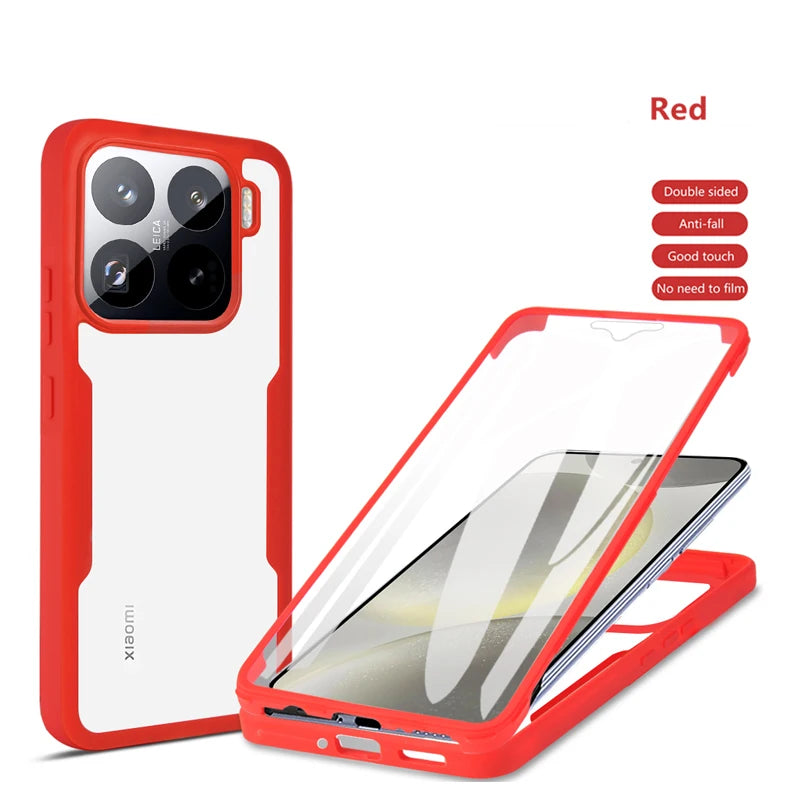Red 360 shockproof phone case for Xiaomi, features clear armor bumper and built-in screen protector for full protection.