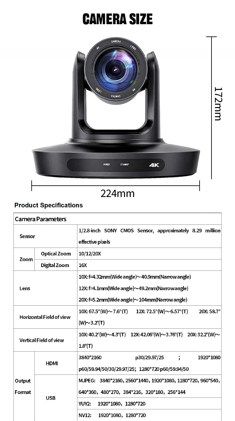 PTZ Camera 4K 20X Zoom Video Conference Camera Kit Church Meeting Live Broadcast PTZ Camera Controller for Video Conferencing