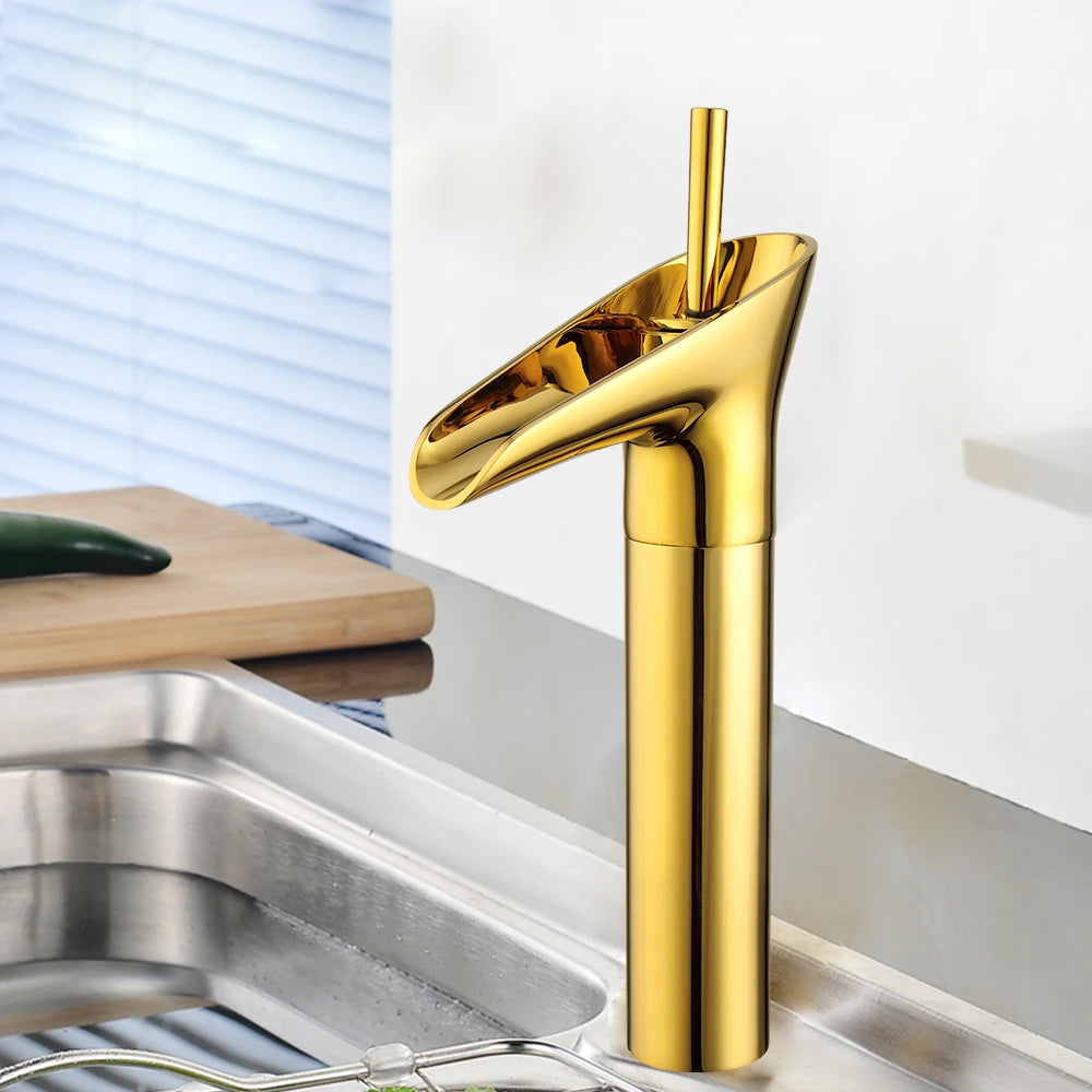 5*16*31cm Modern Golden Bathroom Faucet, Deck Mount Bathroom Single Handle Faucet for Homes, Bathrooms, Washbasins, Restaurants