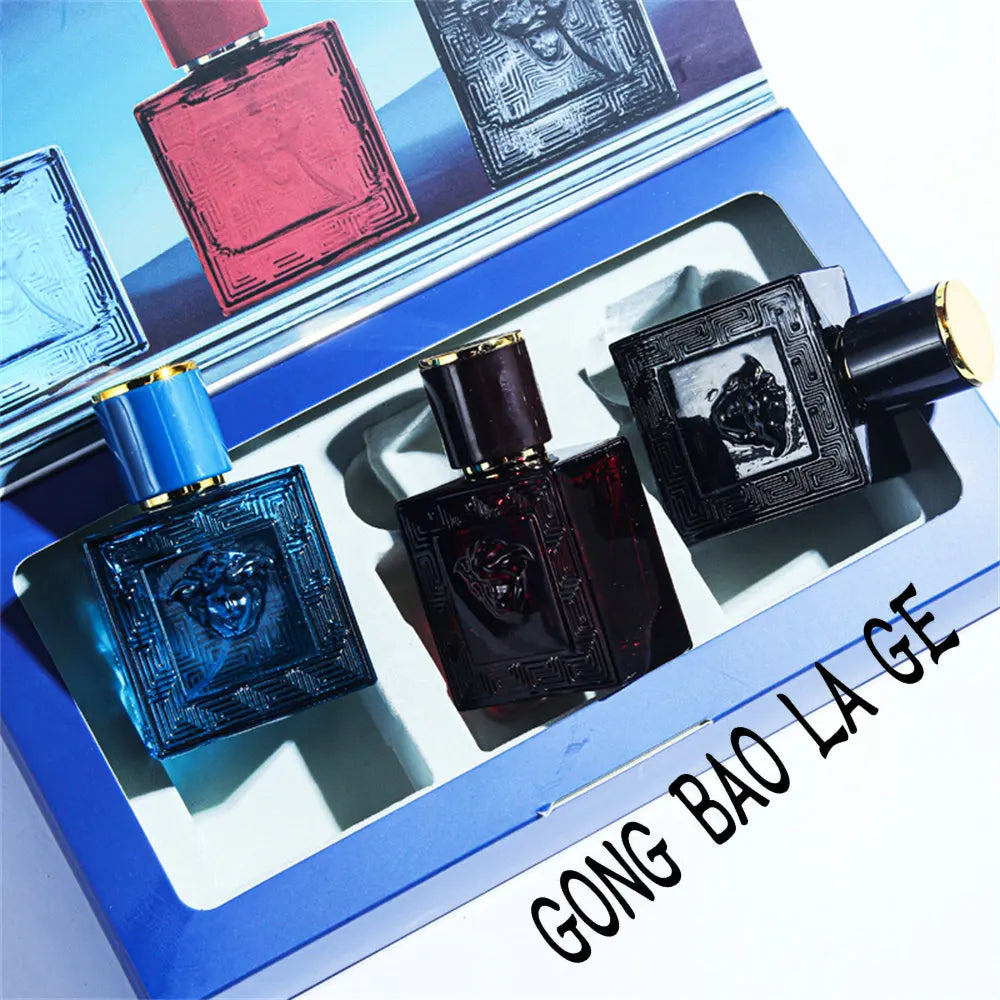 Versace 90ml Men Cologne Gift Set: 3 square glass bottles with Medusa emblem. Long-lasting luxury men’s perfume trio.