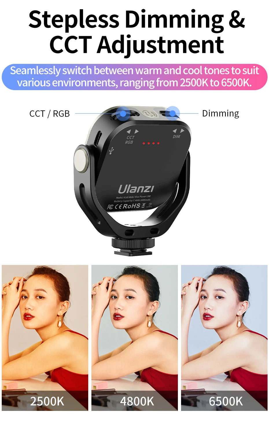 RGB Video Light for Camera & Smartphone - VL66 Portable LED Tidesmit