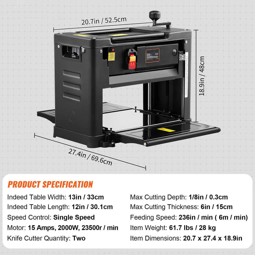 SucceBuy Thickness Planer 13inch Benchtop Planer & Two-Blade 15-Amp 1800W Powerful Motor Low Noise for DIY Woodworking Planing
