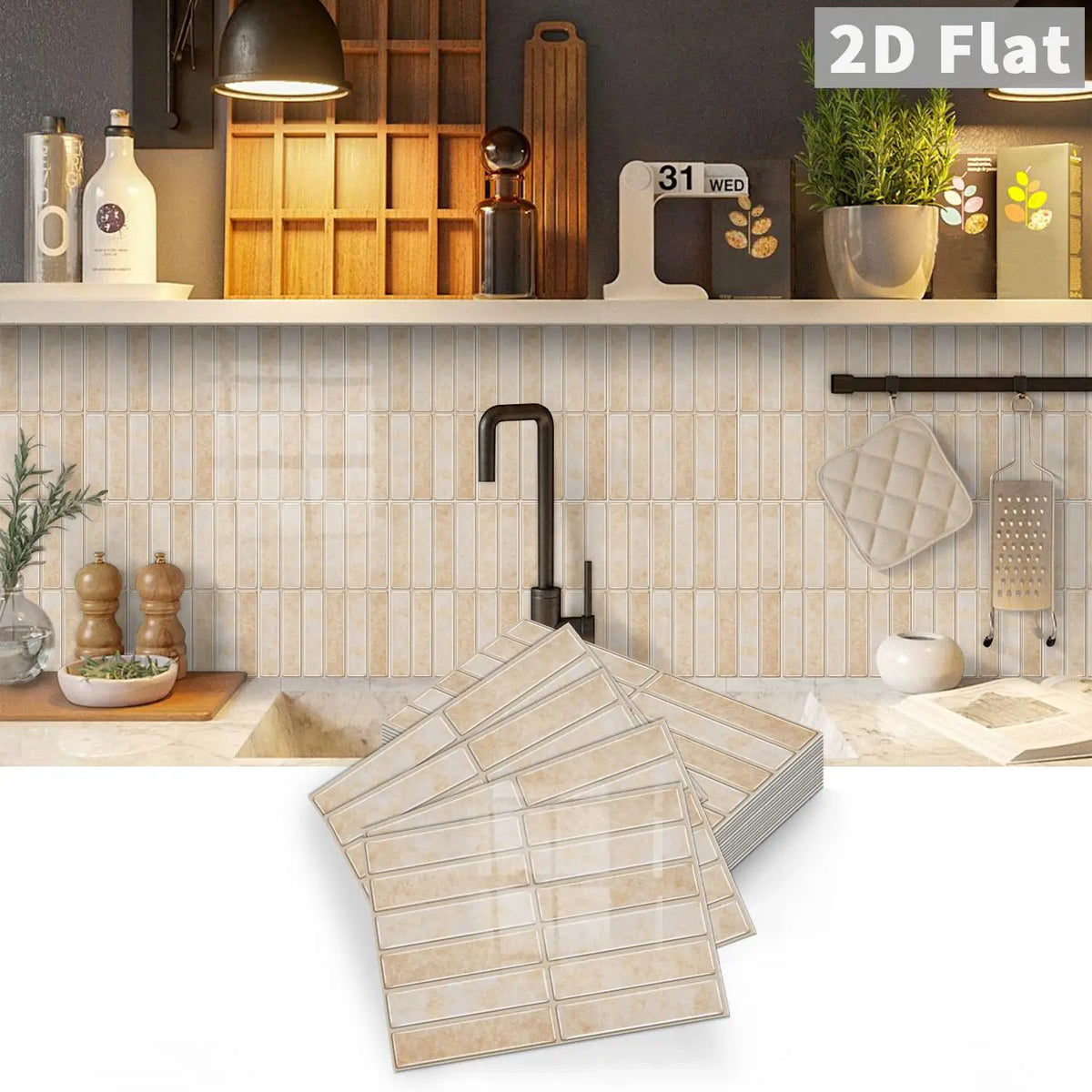 Peel-and-stick beige tile decals with grid lines, flat 2D backing pieces