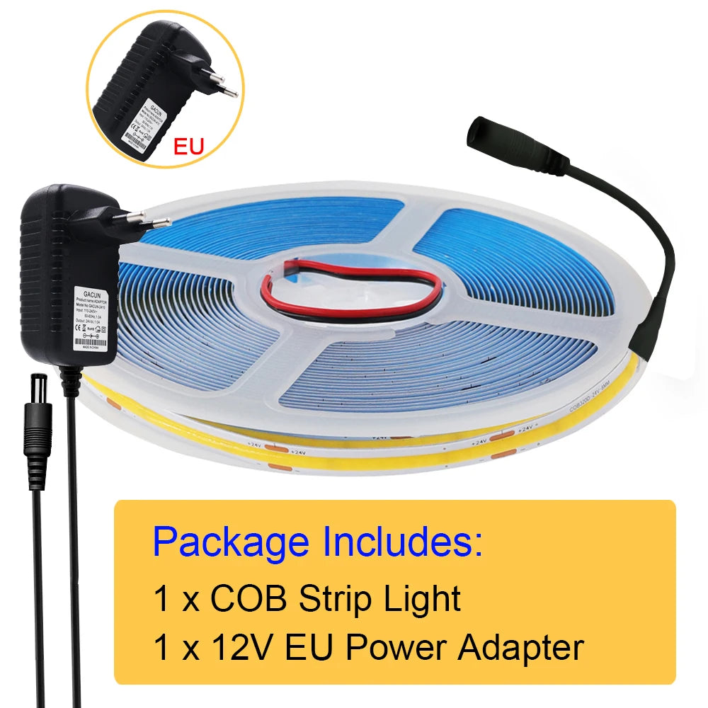 COB LED strip kit with 12V EU power adapter and power cable