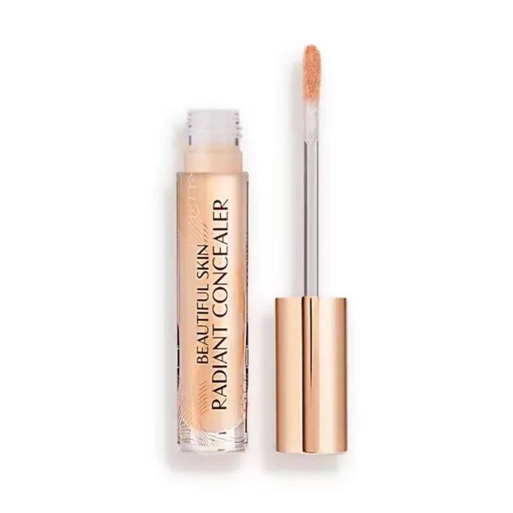 Charlotte Tilbury Beautiful Skin Radiant Concealer with applicator wand, light beige liquid formula in a glass tube.