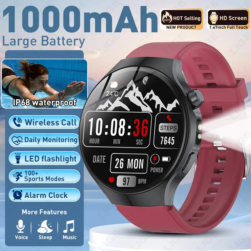 Red sports smart watch with round health monitor display and rubber strap