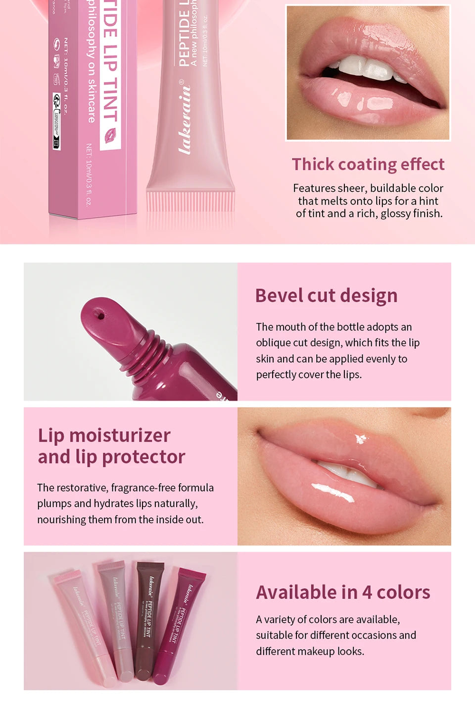 Lakerain peptide lip tint in nude shades with a high-shine, glossy, plumping finish and hydrating formula.