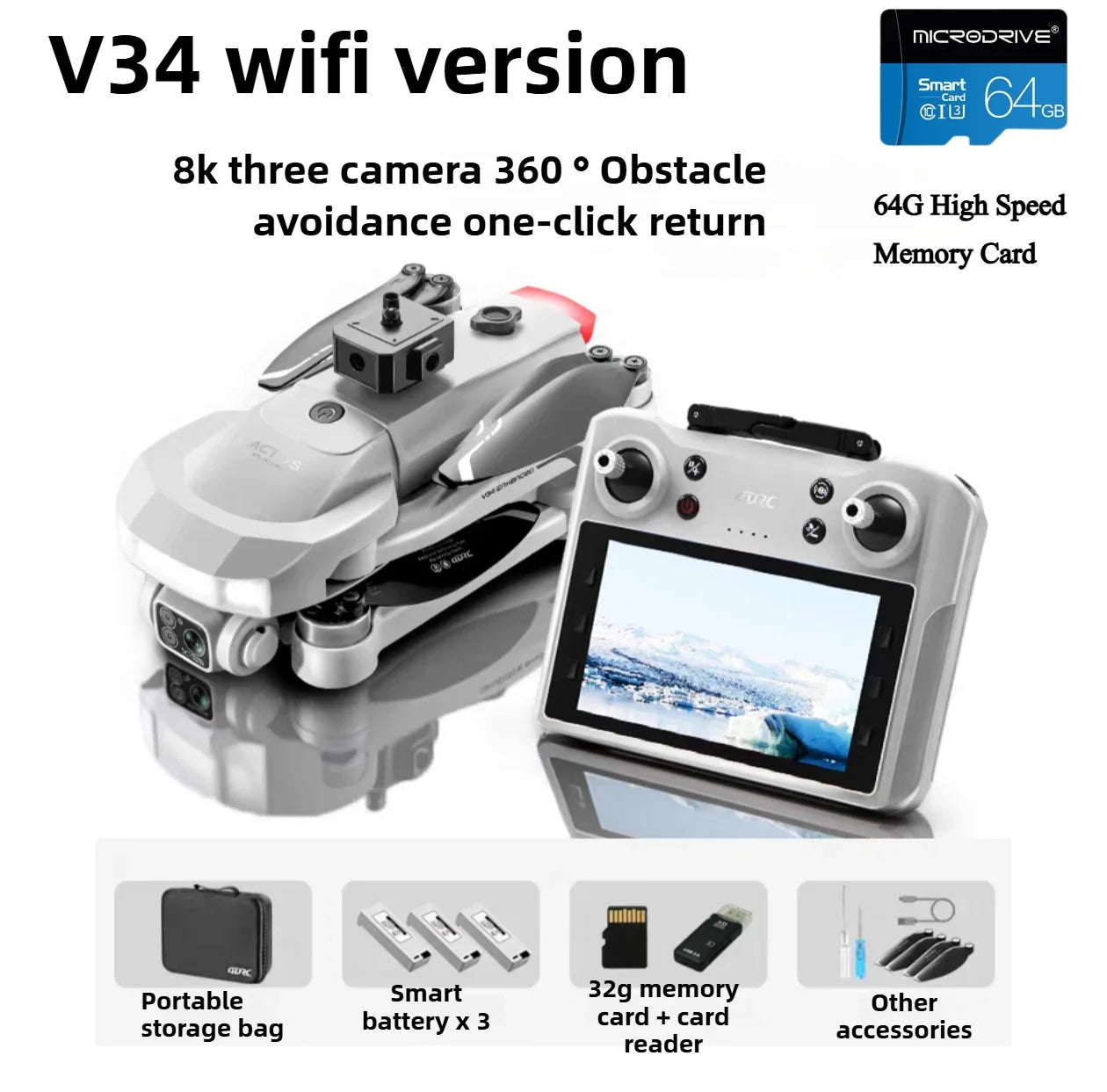 GPS Drone with 4K Camera - Foldable Brushless Quadcopter | Tidesmit V34-WiFI-3B-64G Tidesmit