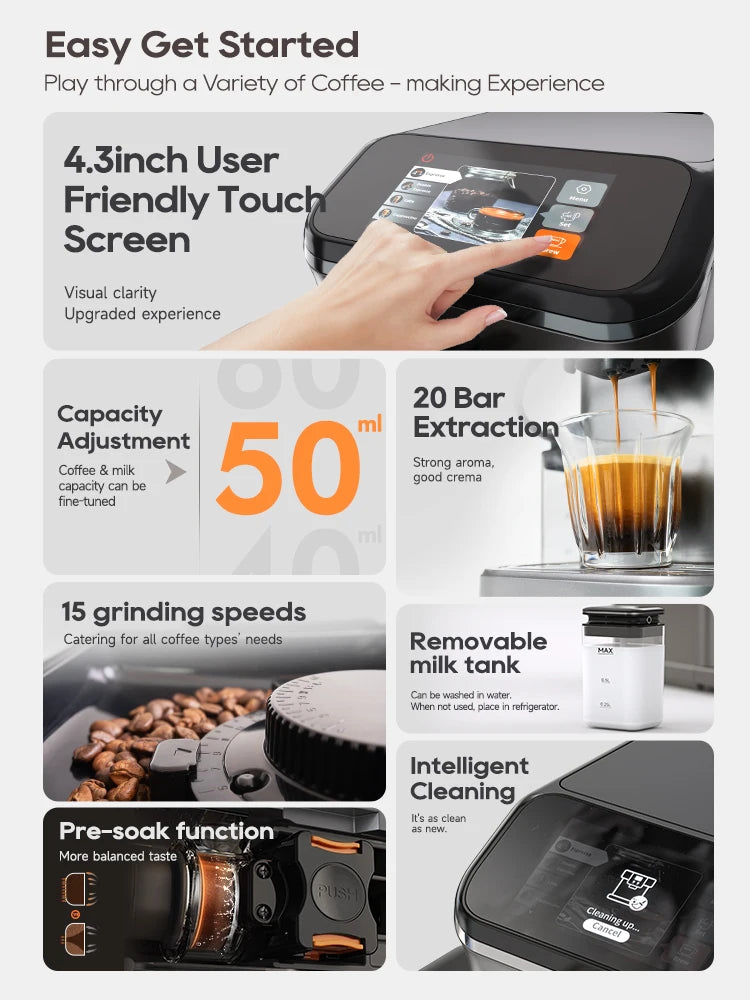Black automatic espresso machine with 4.3-inch touchscreen, 20-bar extraction, 15-speed grinder, and milk tank.