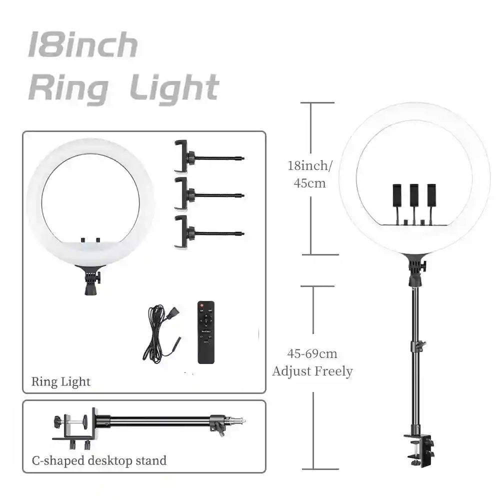18-inch LED ring light with three phone holders, remote control, power cord, and an adjustable C-clamp desktop stand.