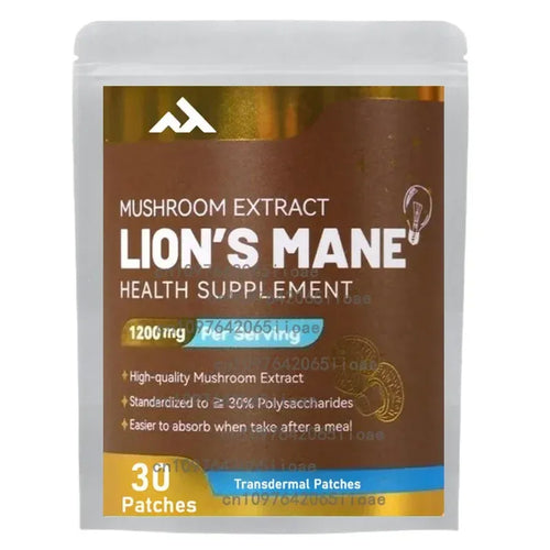 Lion's Mane mushroom extract transdermal patches in a pouch. Natural adaptogen supplement for health and focus.